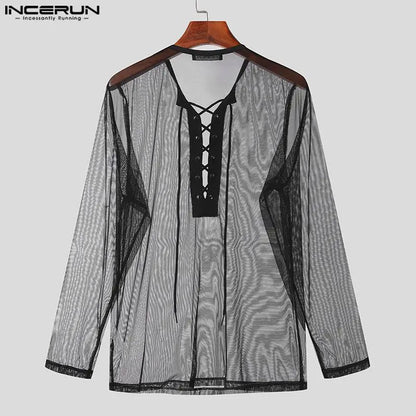 INCERUN Tops 2023 Style américain Hommes Mode Sexy Maille Cordon T-shirts Loisirs Confortable Mince Manches Longues Camiseta S-3XL