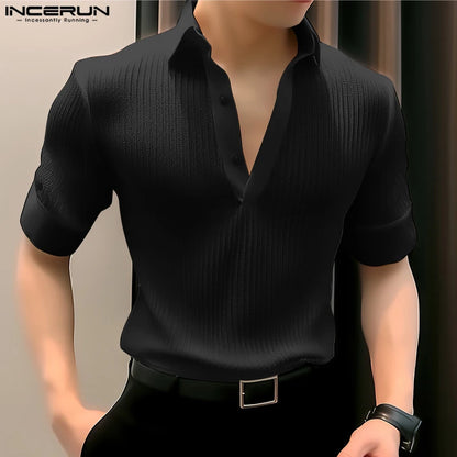 Handsome All-match Tops INCERUN Men's Striped V-neck Design Blouse Casual Streetwear Male Solid Short Sleeved Shirts S-5XL 2024