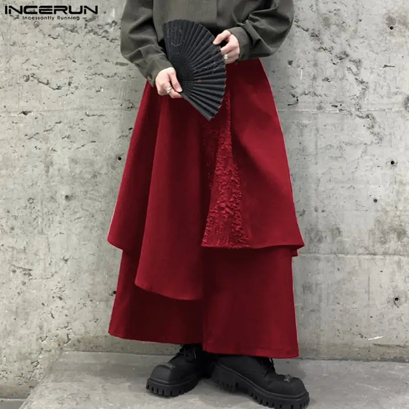 INCERUN 2024 Korean Style Mens Trousers Irregular Patchwork Texture Pantalons Casual Streetwear Wide Leg Skirts Long Pants S-5XL