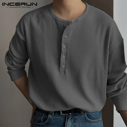 INCERUN Tops 2024 Korean Style Handsome Men Solid Half Open T-shirts Casual Well Fitting Male O-neck Long Sleeved Camiseta S-5XL