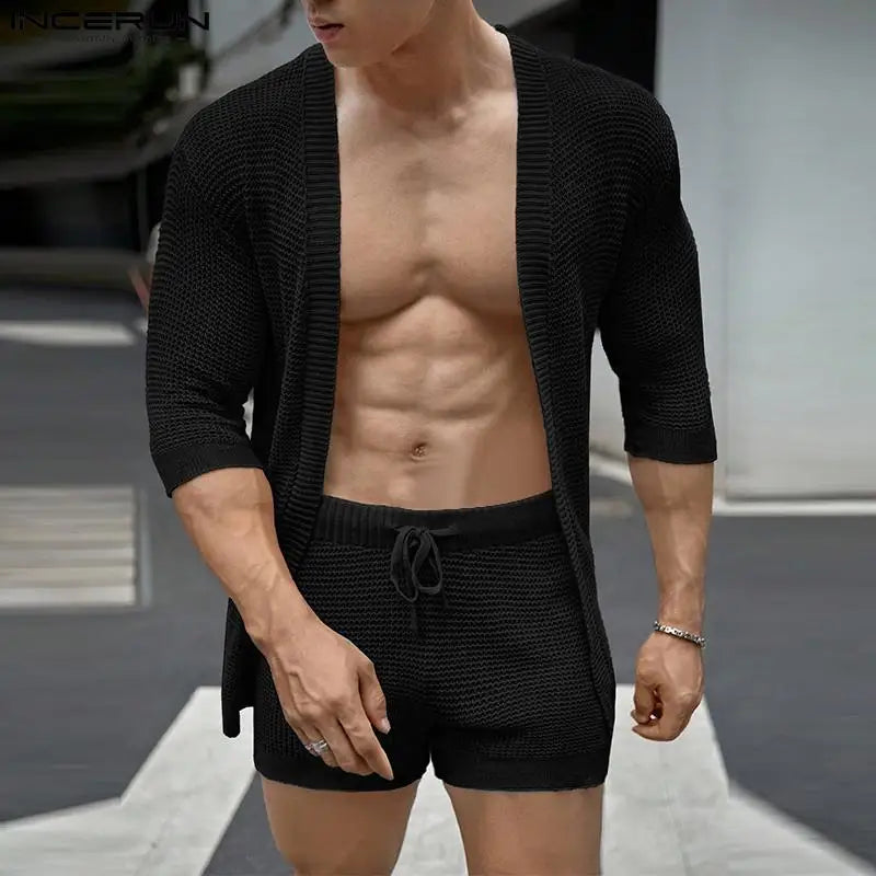 INCERUN 2023 Korea Stil Sexy Neue herren Sets Medium Ärmel Strickjacke Shorts Casual Höhlte Einfarbig Männlichen Zwei Stück Sets S-5XL