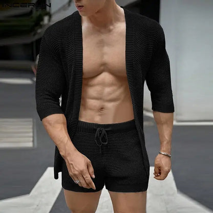 INCERUN 2023 Korea Style Sexy New Men's Sets Medium Sleeve Cardigan Shorts Casual Hollowed Solid Color Male Two Piece Sets S-5XL