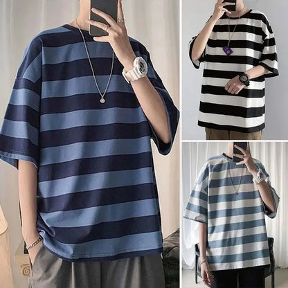 HOUZHOU Striped Short Sleeve Tee Men Graphic Ice Slik T-shirts Male Harajuku Green Tops Casual Pullover Korean Streetwear