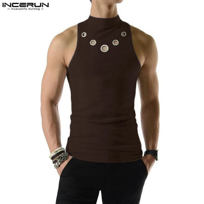 INCERUN Tops 2023 American Style New Men's Half High Collar Mesh Hollowed Tank Tops Leisure Sports Solid Color Knit Vests S-5XL