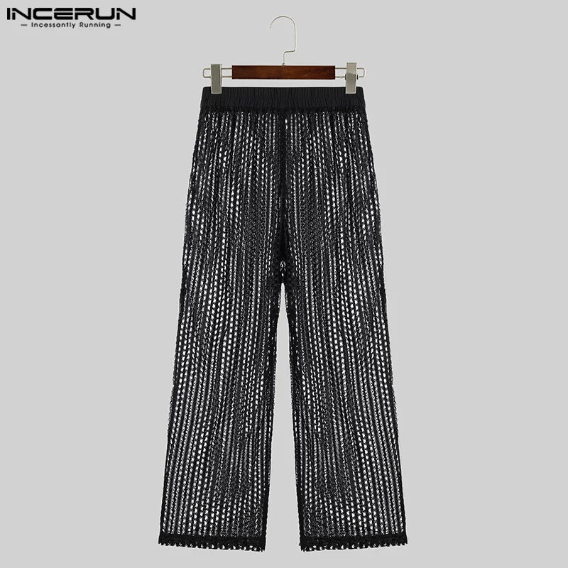 INCERUN 2024 Pantalon de style américain Sexy pour hommes, conception de maille creuse fine, pantalon long décontracté pour fête, spectacle, vente chaude, pantalons S-5XL