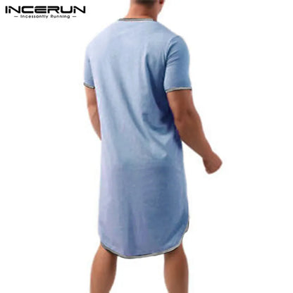 Été Manches Courtes Col V Homewear INCERUN Hommes Patchwork Sommeil Robes Hombre Lâche Confortable Peignoirs Décontracté Solide Chemise De Nuit S-5XL