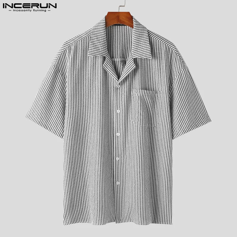 Fashion Casual Simple Style Tops INCERUN 2024 New Men Striped Collar Shirt Streetwear Summer Hot Sale Short Sleeved Blouse S-5XL