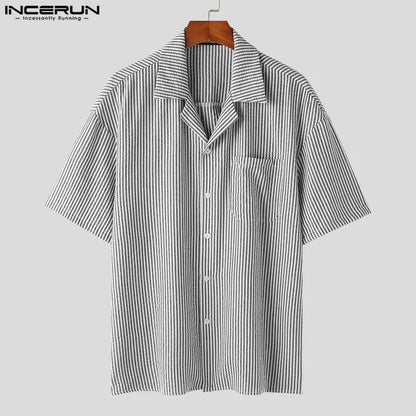 Fashion Casual Simple Style Tops INCERUN 2024 New Men Striped Collar Shirt Streetwear Summer Hot Sale Short Sleeved Blouse S-5XL