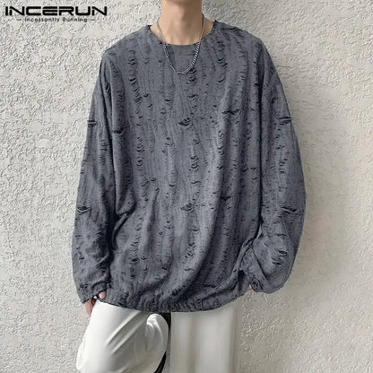 INCERUN Tops 2024 Koreanischen Stil Hübscher Männer Casual Feste Textur T-shirts Mode Streetwear Männlichen Langarm Camiseta S-5XL