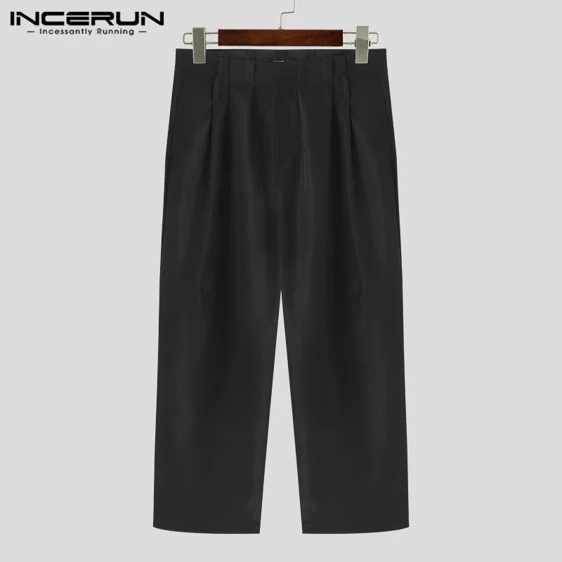 INCERUN 2024 Korean Style New Mens Trousers Pleated Design Straight Leg Pantalons Casual All-match Simple Solid Long Pants S-5XL