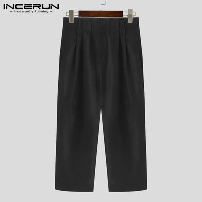 INCERUN 2024 Korean Style New Mens Trousers Pleated Design Straight Leg Pantalons Casual All-match Simple Solid Long Pants S-5XL