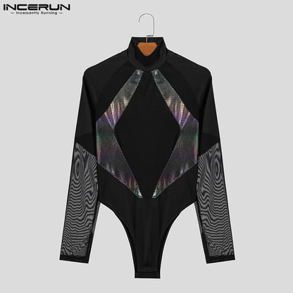 INCERUN 2024 Sexy Men Homewear Flash Polka Dot Patchwork Mesh Jumpsuits Half High Collar Long Sleeved Triangular Bodysuits S-5XL