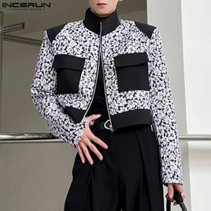 2023 Men Jackets Print Patchwork Stand Collar Long Sleeve Crop Coats Men Streetwear Zipper Autumn Fashion Casual Jackets INCERUN