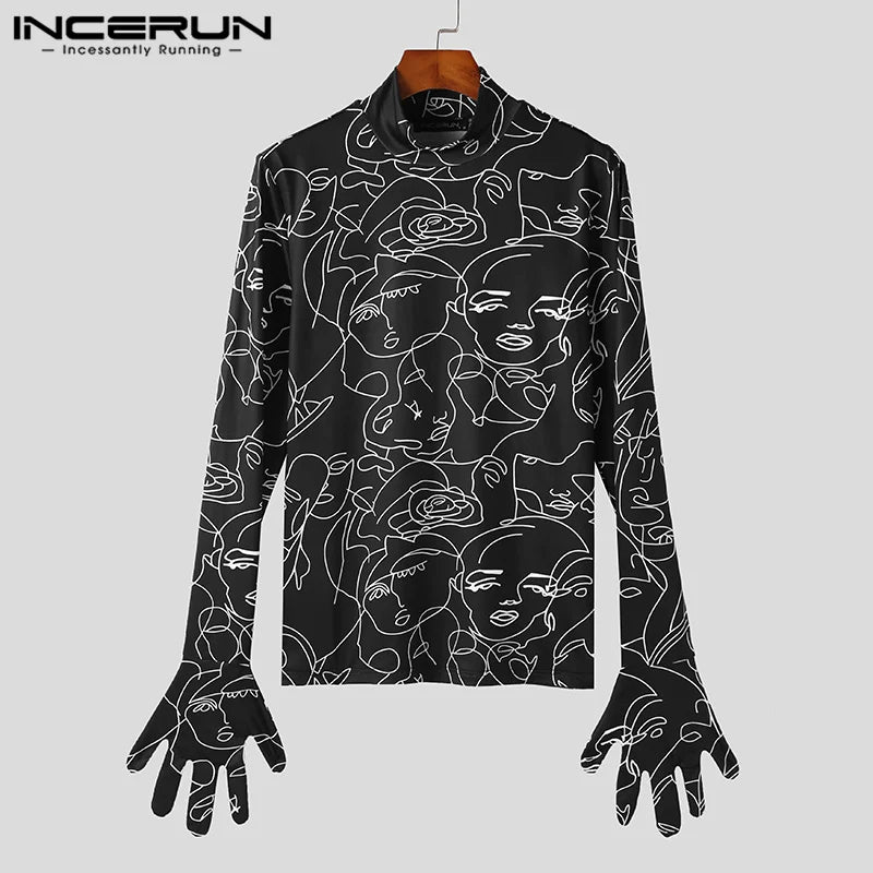 Fashion Personality New Men Tops INCERUN Art Abstract Face Pattern T-shirts Casual Streetwear Thimble Long Sleeve Camiseta S-3XL