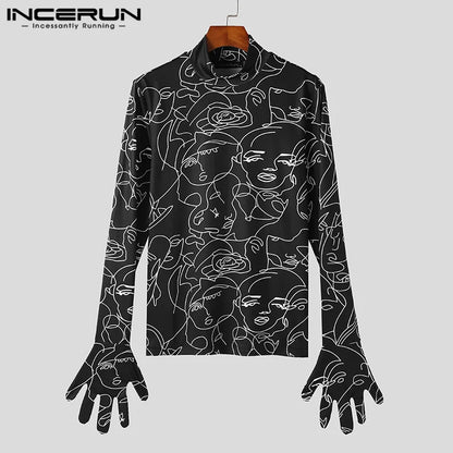 Fashion Personality New Men Tops INCERUN Art Abstract Face Pattern T-shirts Casual Streetwear Thimble Long Sleeve Camiseta S-3XL