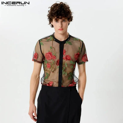 INCERUN Tops 2024 Style américain élégant nouveaux hommes Rose Jacquard chemises transparentes Sexy vente chaude mince chemisier à manches courtes S-5XL