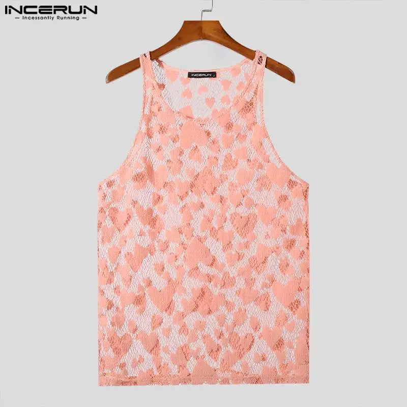 INCERUN Tops 2024 American Style Fashion Men O-neck Hollow Heart Design Vests Summer Sexy Casual Thin Sleeveless Tank Tops S-5XL