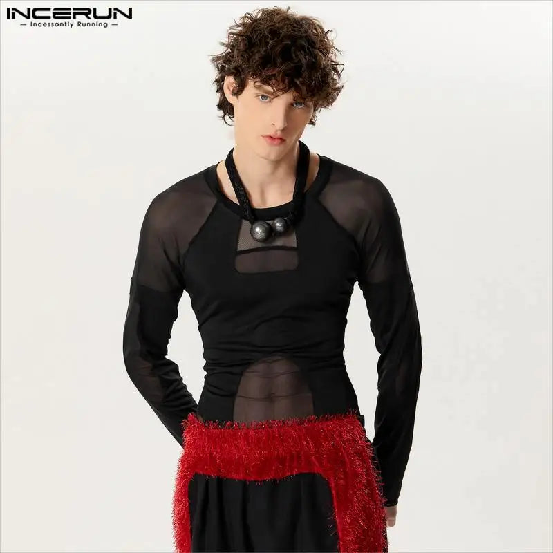 INCERUN 2024 Sexy Men's Homewear Jumpsuits Thin Mesh Splicing Deconstructed Design Rompers Triangle Long Sleeved Bodysuits S-3XL