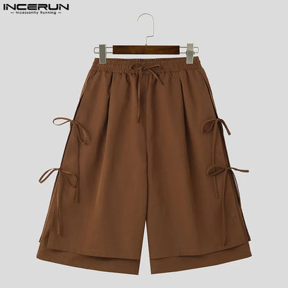 INCERUN 2024 Pantalons im koreanischen Stil für Herren, Patchwork-Design mit seitlichem Riemen, lässige Streetwear, einfarbig, kurze lange Hose, S-5XL