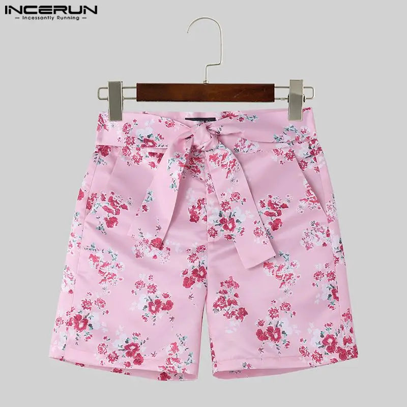 INCERUN 2024 Style américain à la mode hommes à lacets rose imprimé motif Shorts décontracté fête spectacles hommes vente chaude Shorts S-5XL