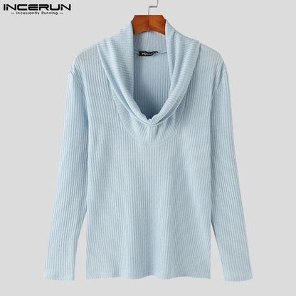 Fashion Well Fitting Tops INCERUN Men's Pile Neck Pullover Casual Streetwear Male Striped Solid Long Sleeved Sweater S-5XL 2024