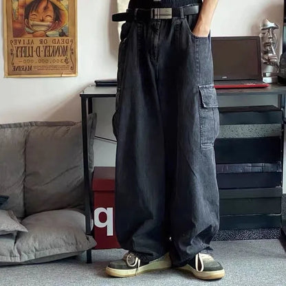 HOUZHOU Baggy Jeans Trousers Male Denim Pants Black Wide Leg Pants Men's Jeans Oversize Cargo Korean Streetwear Hip Hop Harajuku