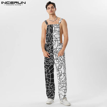 INCERUN 2023 American Style Men Bodysuit Black&White Contrast Color Graffiti Hollow Jumpsuits Casual Sexy Hot Sale Rompers S-5XL