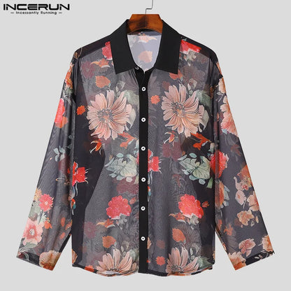 INCERUN Tops 2024 American Style Sexy Fashion Men's Flower Printed Shirt Casual Clubwear Hot Sale Thin Long Sleeved Blouse S-5XL