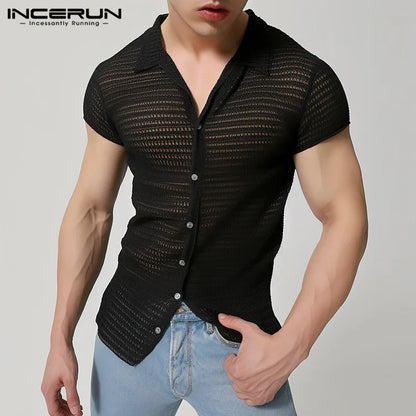 INCERUN MEN Shirts 2024 Fashion Short Sleeve Tops Hollow Out Shirt Men Clothing Streetwear Solid Lapel Camisas Button Tee S-5XL