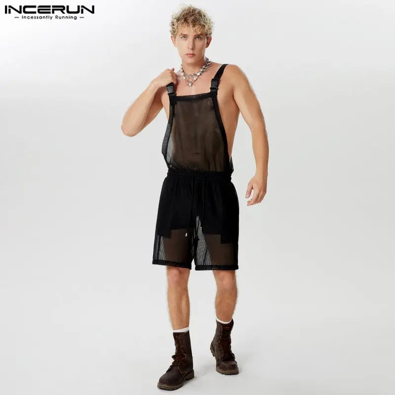 INCERUN Männer Overalls Shorts Mesh Transparent Solide Kordelzug Strampler Männer Streetwear 2024 Lose Ärmellose Träger Playsuits