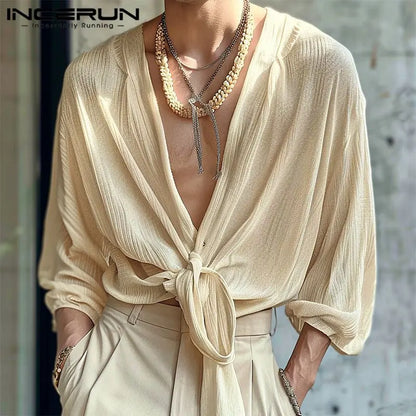 INCERUN Tops 2024 American Style Fashion Sexy New Men's Texture Twisted Design Shirt Casual Male Solid Long Sleeved Blouse S-5XL