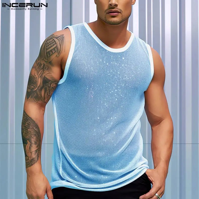 INCERUN Tops 2024 American Style Sexy Men's O-neck Micro Transparent Vests Casual Streetwear Hot Sale Sleeveless Tank Tops S-5XL