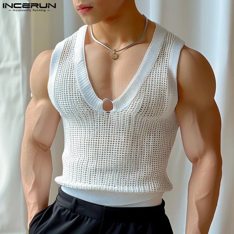 INCERUN Tops 2024 Korean Style Men's Mesh Hollow Metal Decorative Vests Summer Casual Streetwear Hot Sale V-neck Tank Tops S-5XL