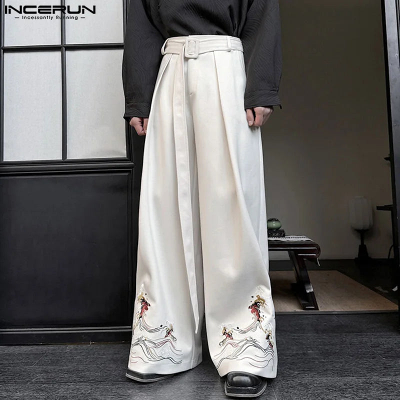 INCERUN 2024 Korean Style Pantalons New Men's Personality Printed Pants Casual Clubwear Male Pleated Straight Leg Trousers S-5XL