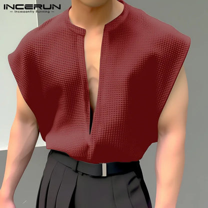 INCERUN Tops 2024 Korean Style Handsome Mens Solid Textured Vests Casual Streetwear Loose Comfortable Sleeveless Tank Tops S-5XL