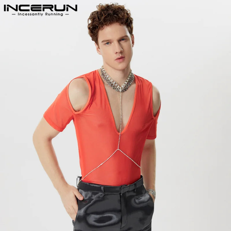 INCERUN Tops 2024 Korean Style Sexy Men Mesh Elastic Shoulder T-shirts Fashion Hot Sale Thin V-neck Short Sleeved Camiseta S-5XL