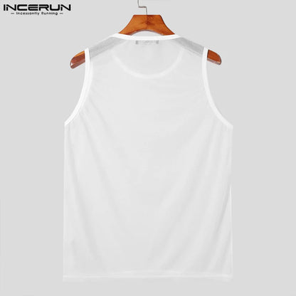 INCERUN Tops 2024 American Style Sexy Men's O-neck Micro Transparent Vests Casual Streetwear Hot Sale Sleeveless Tank Tops S-5XL