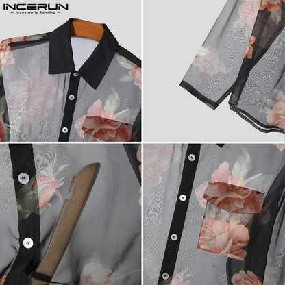 INCERUN Tops 2024 American Style Men's Chiffon Printed Pattern Shirts Sexy Male See-through Thin Long Sleeved Lapel Blouse S-5XL