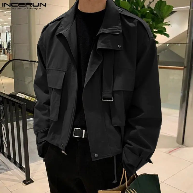 2023 Men Jackets Solid Color Lapel Long Sleeve Pockets Zipper Casual Male Cargo Coats Streetwear Fashion Outerwear S-5XL INCERUN