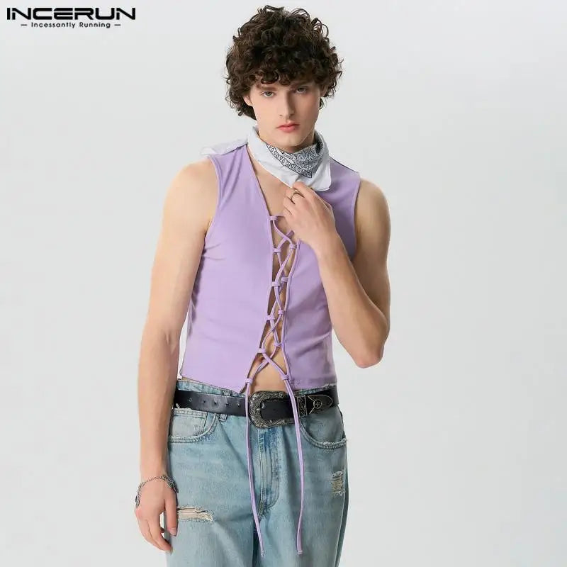 INCERUN Tops 2024 American Style Sexy Men's Open Front Strap Lace Up Vests Summer Fashion Male Solid Comfortable Tank Tops S-5XL