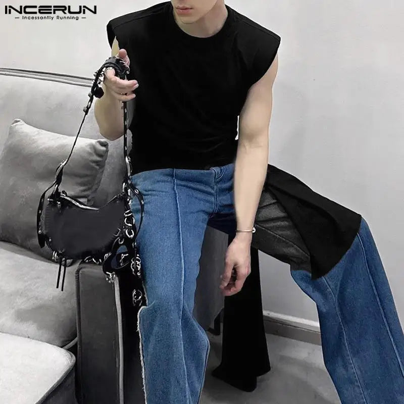 INCERUN Tops 2024 Korean Style New Men's Knitted Strap Design Vests Casual Streetwear Male Solid All-match Color Tank Tops S-5XL