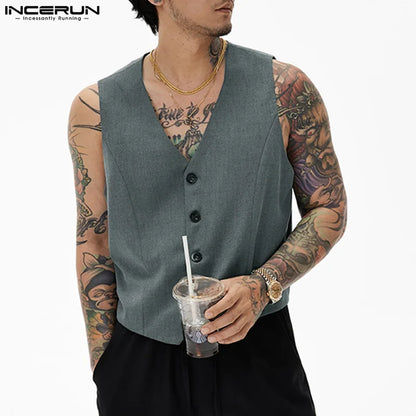 INCERUN Tops 2024 Korean Style Men Retro Sleeveless V-neck Design Vests Casual Streetwear Solid Suits Sleeveless Waistcoat S-5XL