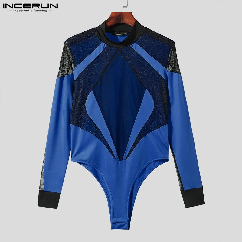 INCERUN 2024 Combinaisons de style sexy Nouveaux hommes élégants en maille Grand diamant Patchwork Combinaisons décontractées fines à manches longues Body S-3XL