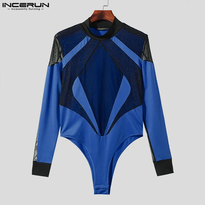 INCERUN 2024 Sexy Style Jumpsuits Neue Herren Stilvolle Mesh Große Diamant Patchwork Strampler Lässig Dünne Langarm Bodys S-3XL