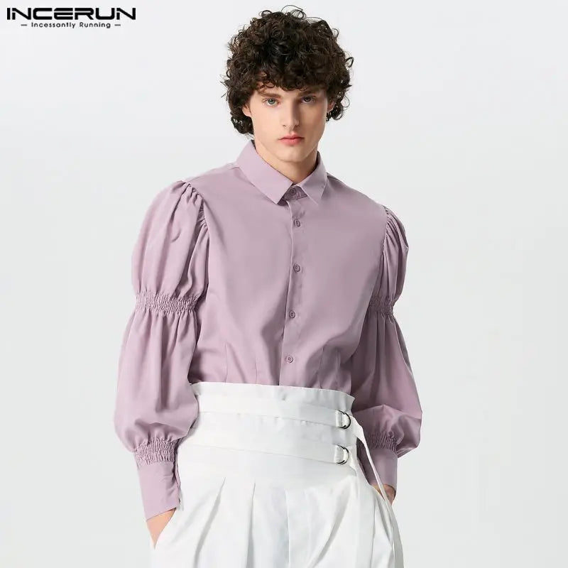 INCERUN Tops 2024 American Style New Men Solid Puff Sleeve Shape Blouse Fashion Party Shows Male Loose Long-sleeved Shirts S-5XL