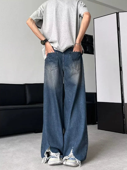 HOUZHOU Hip Hop Ripped Baggy Jeans Men High Street Male Distressed Denim Wide Leg Pants Casual Trousers Vintage Streetwear Loose