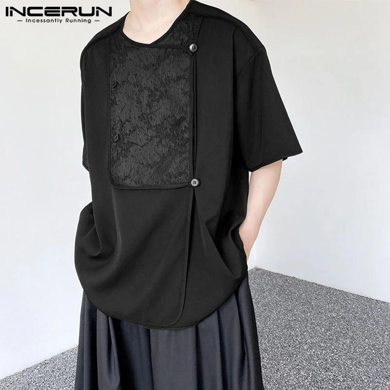 INCERUN Tops 2023 Korean Style New Men's Jacquard Spliced Round Neck T-shirts Casual Streetwear Male Short Sleeve Camiseta S-5XL