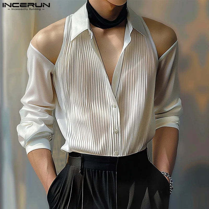 INCERUN Tops 2024 Stylish New Men Solid Fine Stripe Off Shoulder Shirt Casual Clubwear All-match Lapel Long Sleeved Blouse S-5XL