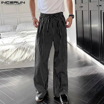 INCERUN 2024 Korean Style Trousers Stylish Men Striped Drawstring Design Pants Casual Streetwear Elastic Waisted Pantalons S-5XL