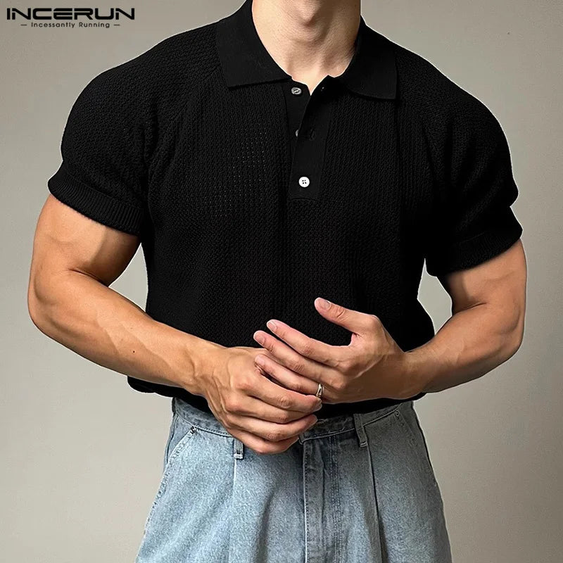 INCERUN Tops 2024 Style coréen Mode Hommes Manches Raglan Texture Maille T-shirts Été Homme Manches Courtes Revers Camiseta S-5XL